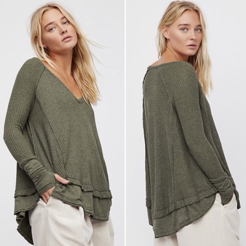 NWT‎ Free People Laguna Thermal Army Heather Green Waffle Long Sleeve Tunic